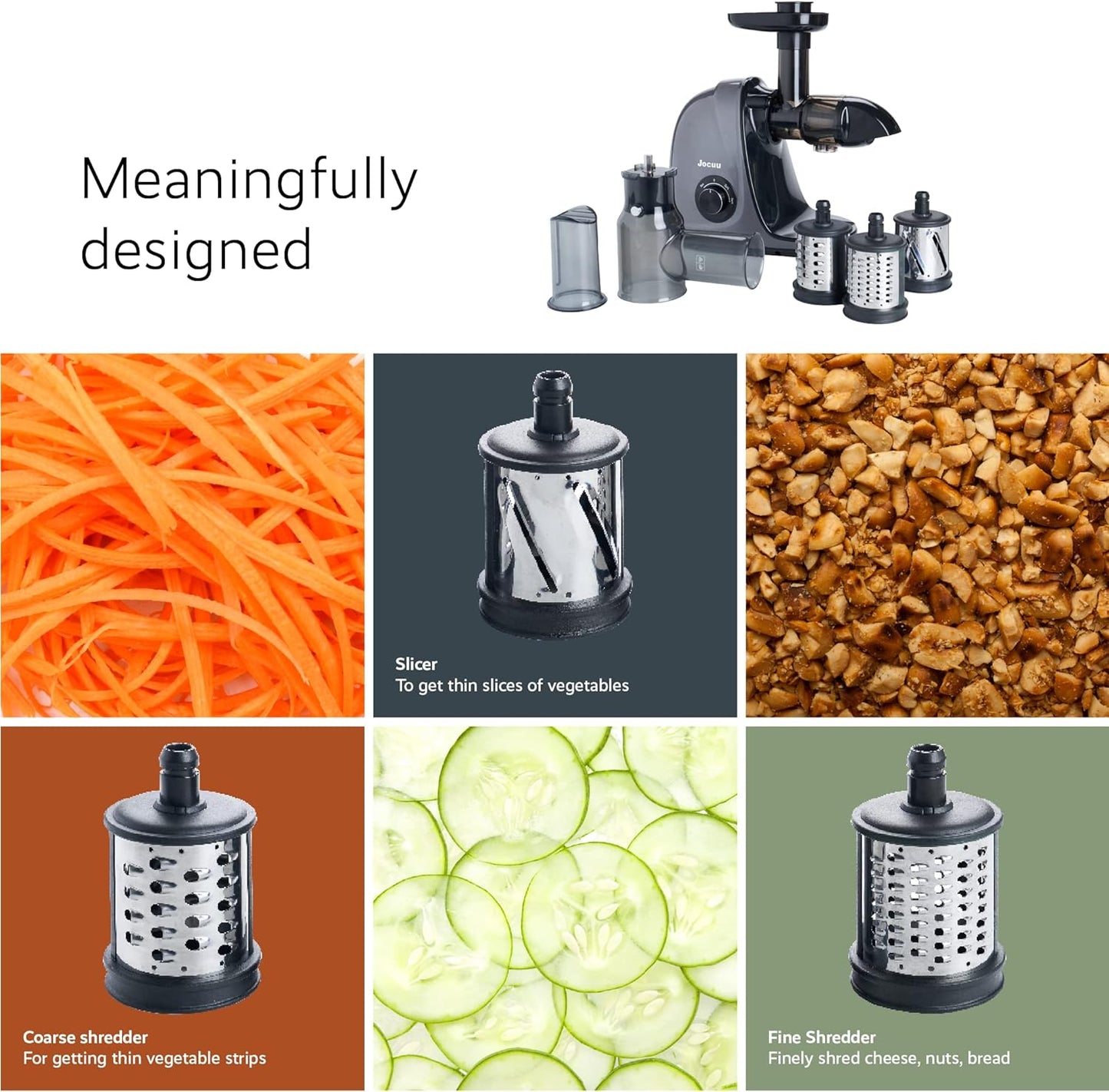 Jocuu ZM1503 Juicer Slicer Shredder Attachment - 3 Interchangeable Blades, 360° Rotating Drum, Easy Clean, for Cheese, Fruits & Vegetables - Compatible with Jocuu Juicers, Juicer Parts & Accessories