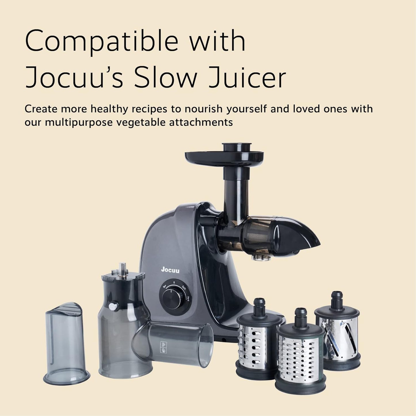 Jocuu ZM1503 Juicer Slicer Shredder Attachment - 3 Interchangeable Blades, 360° Rotating Drum, Easy Clean, for Cheese, Fruits & Vegetables - Compatible with Jocuu Juicers, Juicer Parts & Accessories
